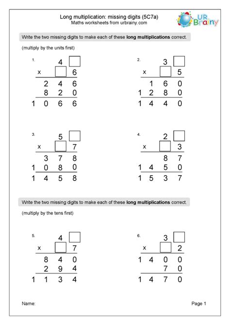 Missing Number Long Multiplication Worksheets
