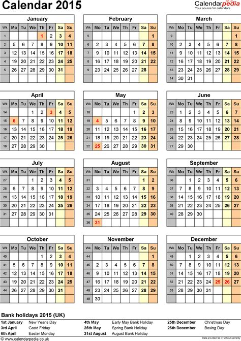 Monthly & weekly printable calendars for 2015 — ready to download. Calendar 2015 UK with bank holidays & Excel/PDF/Word templates