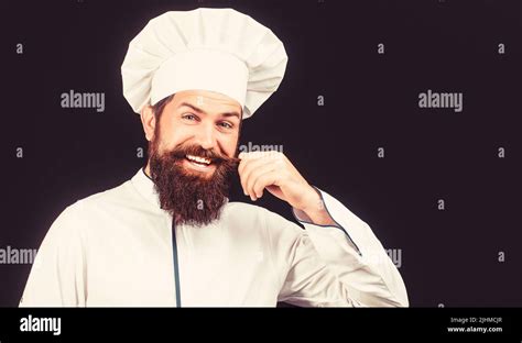 Cook Hat Bearded Chef Cooks Or Baker Bearded Male Chefs Isolated On Black Funny Chef With