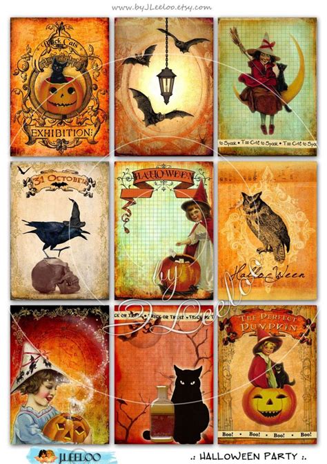 Halloween Party Printable Aceo Size Digital Collage Sheet Etsy Vintage Halloween Cards