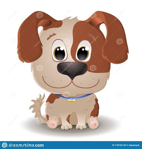 Vector Cute Beige With Spotted Dog With Big Eyes In Cartoon Style