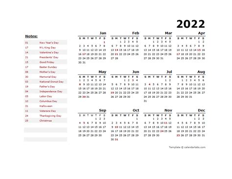 2022 Year Calendar Template With Us Holidays Free Printable Templates