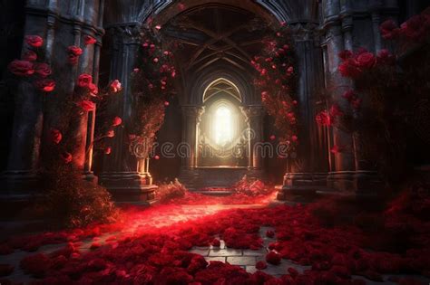 Beautiful Abandoned Ruins Covered With Red Roses Stock Illustration