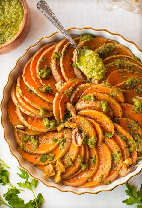 Roasted Butternut Squash Slices With Walnuts And Parsley Pesto A Saucy