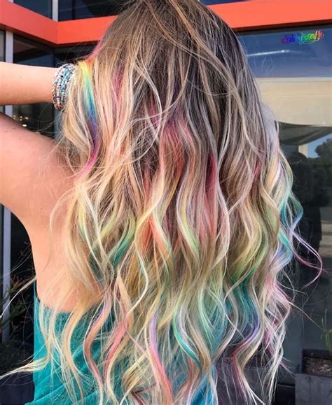 Blonde Hairs With Rainbow Color Looking Beautiful In 2019 In 2020 Rainbow Hair Color Peekaboo