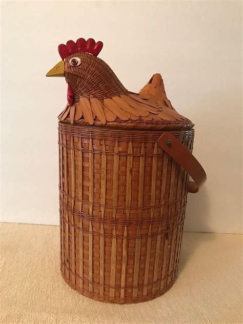 Wicker Chicken Basket Vintage 2 Piece With Handle 14” Tall Retro Kitchen Storagefarmhouse