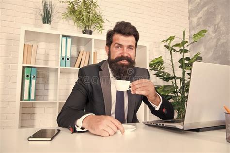 Man Handsome Boss Sit In Office Drinking Coffee Comfy Workspace Stock