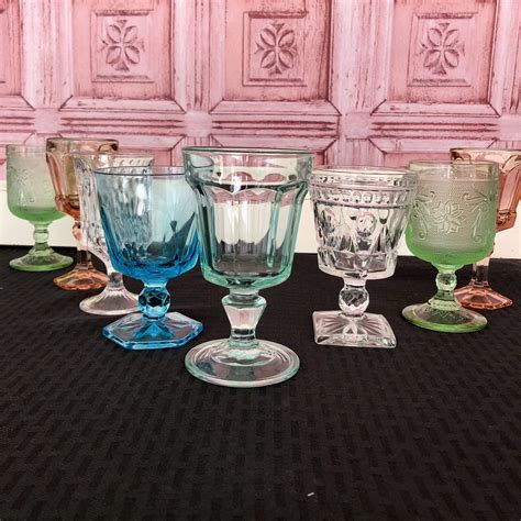 Set Of 8 Eight Mismatched Vintage Bohemian Wine Goblets Heavy Pressed Cut Glass Mid Century