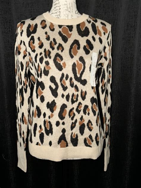 women s leopard print long sleeve ribbed cuff crewneck pullover sweater a new ebay