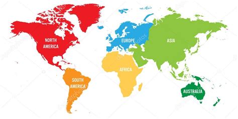 World Map Divided Into Six Continents Each Continent In Different
