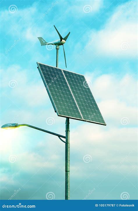 Solar Panel Wind Turbine Under Cloudy Blue Sky Stock Image Image Of