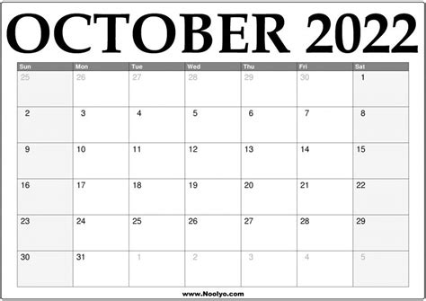 2022 October Calendar Printable Download Free