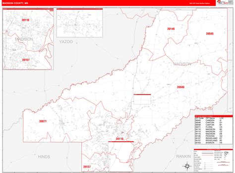 Madison County Ms Zip Code Wall Map Red Line Style By Marketmaps