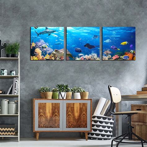 Exotic Underwater Canvas Wall Art Colorful Coral Reef Triptych