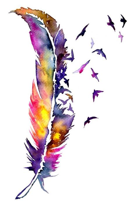 A Watercolor Painting Of A Colorful Feather With Birds Flying Around It