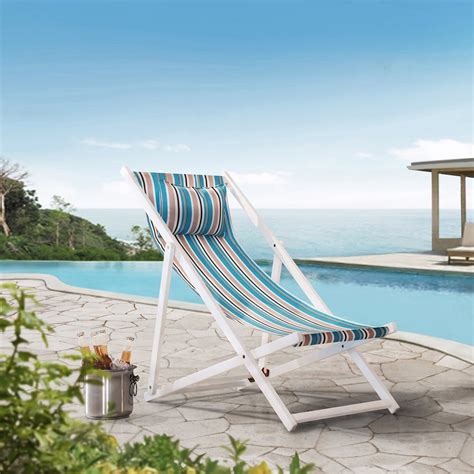 Sunjoy Belton Folding Reclining Beach Chair With Cushioned Headrest Wood Sling Chair For