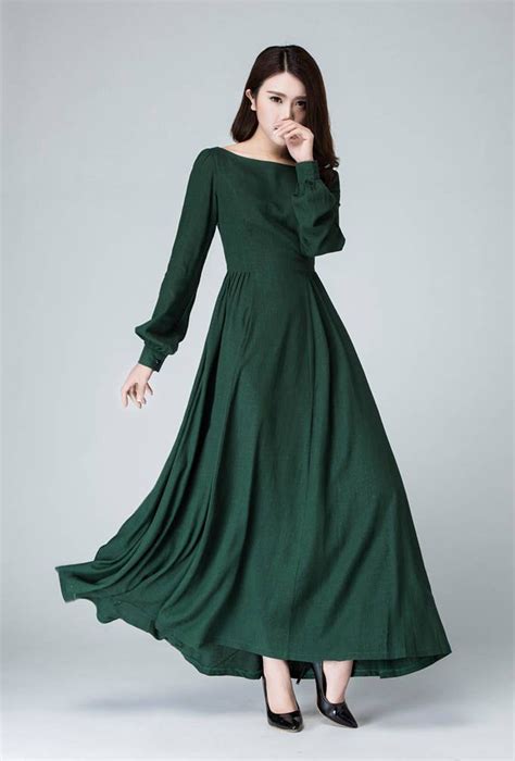 Women Vintage Inspired Medieval Dress Long Sleeve Linen Maxi Dress