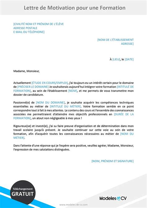 Exemple de Lettre de Motivation pour une Formation  Gratuit  Exemple