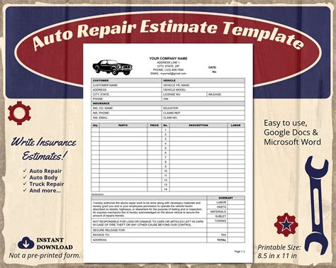 Auto Repair Estimate Template With Insurance Info Also Used As An Auto