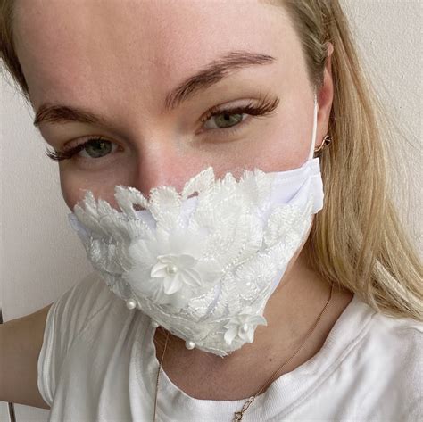 Applique Beads Mask White Lace Face Mask For Wedding Etsy