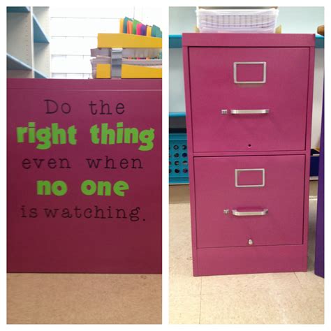 Classroom: spray painted filing cabinet with vinyl quote ...