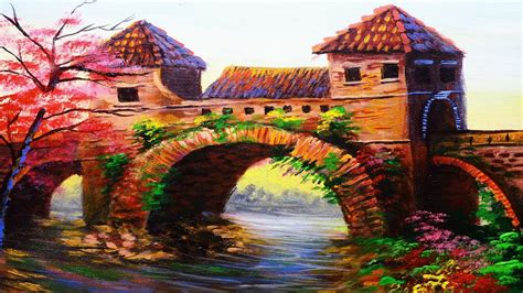 Acrylic Painting Lesson Classic Stone Bridge And River With Cherry