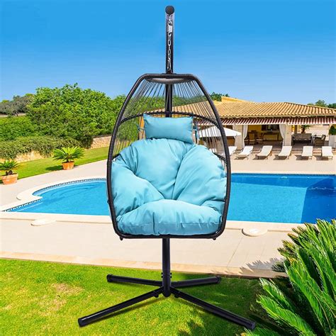 Hanging Wicker Egg Chair With Stand And Gray Cushion Heavy Duty Iron