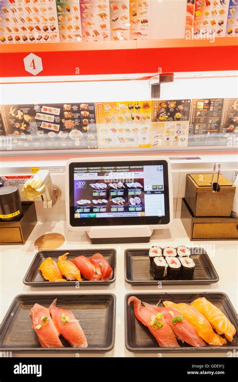 Japan Honshu Tokyo Sushi Restaurant Touch Screen Conveyor Belt Ordering System Stock Photo Alamy