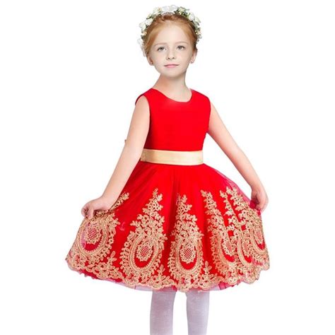 Gold Appliques Red Tulle Flower Girl Dress Stunning Girl Party Dress