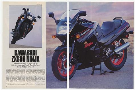 Because it is styled beyond its 600cc station, it already feels a hefty lump (it weighs 341b more than the yamaha but 141b less than the suzuki) and when the suspension lets it bounce and sway it feels more uncontrollable than it needs to. AdsPast.com - 1987 Kawasaki ZX600 Ninja Motorcycle 8-Page ...