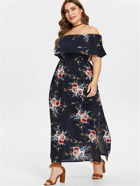 Wipalo Plus Size 5xl Off Shoulder Slit Flower Print Dress Women Summer Beach Dress Short Sleeves