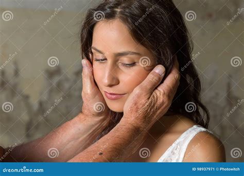 Comforting hands sad girl stock image. Image of relaxed - 98937971