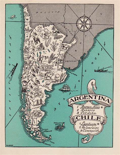 Charming Argentina Map And Chile Map Gallery Wall Art Whimsical Vintage