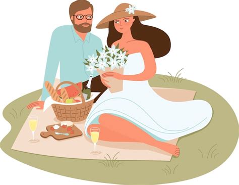 Joven pareja romántica haciendo un picnic en el parque Vector Premium