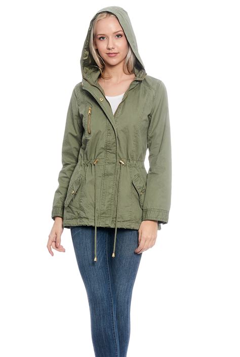 women s lightweight cotton jacket with waist drawstring and hood