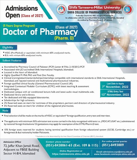 Pharm D Doctor Of Pharmacy Shifa Tameer E Millat University
