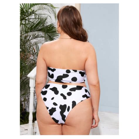 Eugris Plus Cow Print Bandeau Bikini Swimsuit Xl