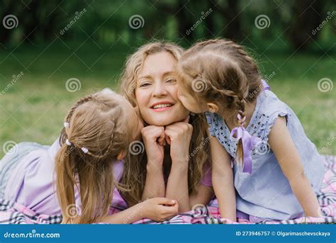 daughters kiss happy mom on the cheeks stock image image of together portrait 273946757
