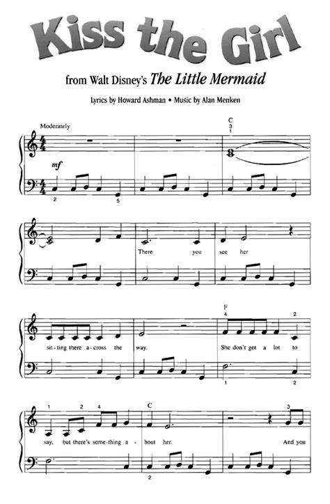 Popular in the walt disney studios. KISS THE GIRL The Little Mermaid Easy Piano Sheet music - Guitar chords - Walt Disney (With ...