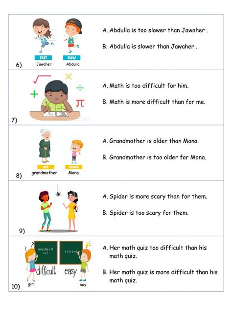 Comparative Adjective and too with adjectives 2 worksheet