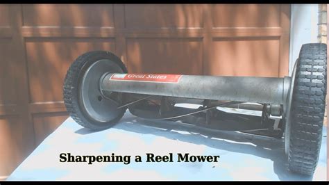 Some rotary lawnmower blades can be sharpened with a bench grinder or electric handheld power laying the mower on a large work surface and chocking the wheels with a doorstop or shims would also be. Sharpening a Reel Mower - YouTube