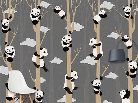 Cartoon Lovely Numbers Of Pandas Climbing Trees Wallpaper White Clouds