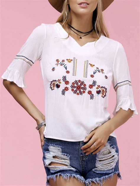 38 Off Trendy V Neck Embroidered Womens T Shirt Rosegal