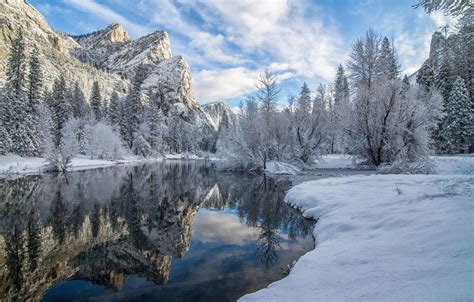 Wallpaper Winter Snow Trees Mountains Reflection River Ca