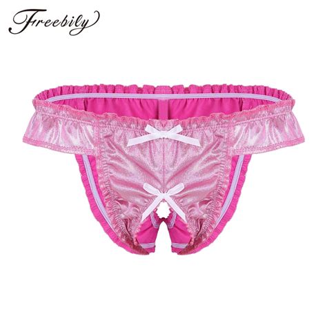 Men Soft Shiny Ruffle Bowknot Sissy Panties Low Rise Stretchy Open