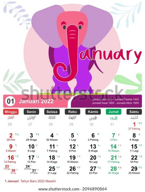 Kalender Januari 2022 Calendar January 2022 Stock Illustration