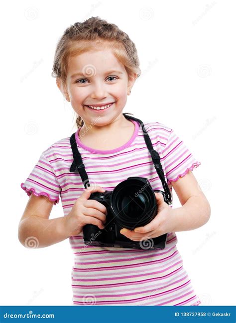 Smiling Little Girl Holding Camera Isolated Stock Photo Image Of