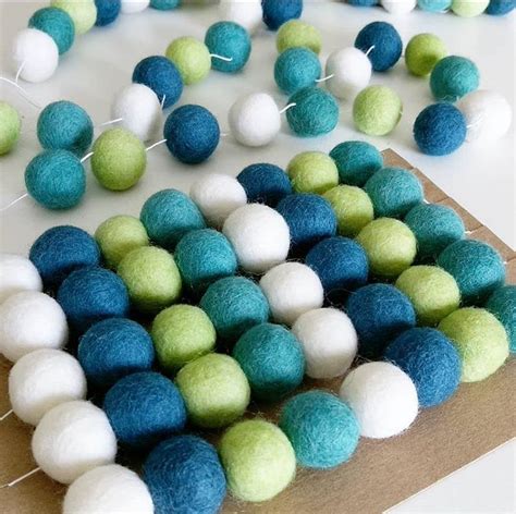 Blue And Green White Wool Felt Ball Garland Pom Pom Nursery Etsy Felt