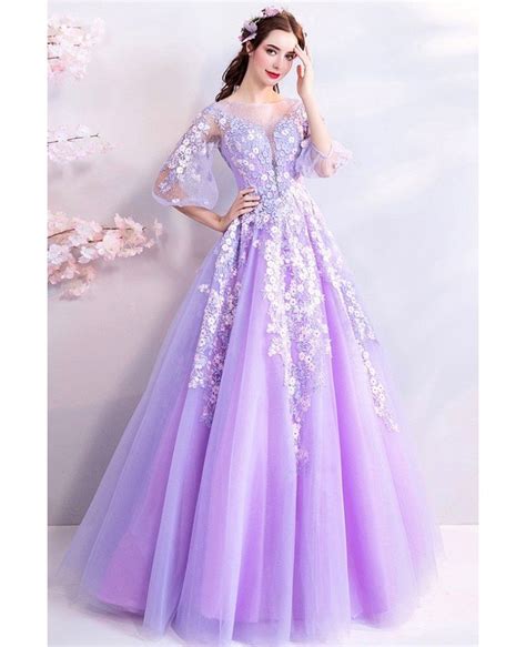 fairy purple flowers long tulle prom dress with sheer sleeves wholesale t69111