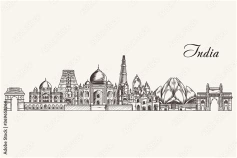 India Detailed Skyline India Famous Landmarks In Sketch Style Vector